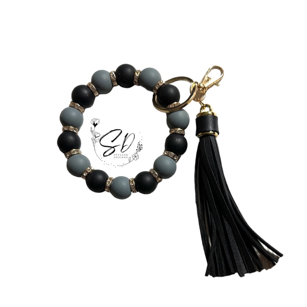 7” Stretchy Black and Grey Silicone Wristlet with Tassel